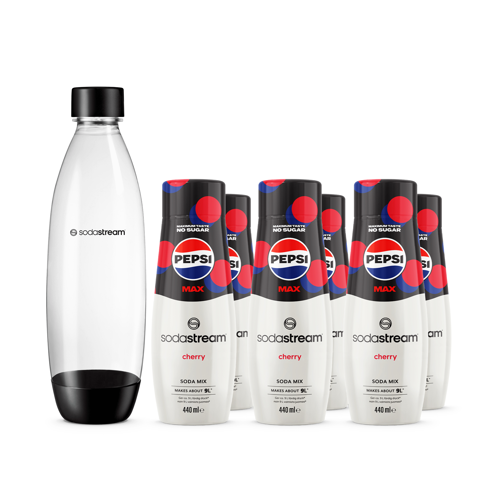6-pack Pepsi Max Cherry + 1L Fuse, astianpesukoneen kestävä sodastream